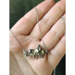 925 Sterling Silver Sloth With Baby Shaped Adjustable Pendant Necklace Vintage